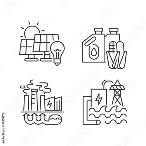 Alternative energy linear icons set. Solar, geothermal and hydroelectric stations customizable thin line contour symbols. Renewable energy. Isolated vector outline illustrations. Editable stroke