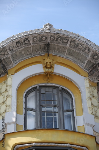 Former profitable house of merchant Ivan Isakov on Prechistenka Street, 28, Moscow city, Russia; facade detail. Art nouveau style in Moscow architecture. Moscow sight, landmark, monument photo