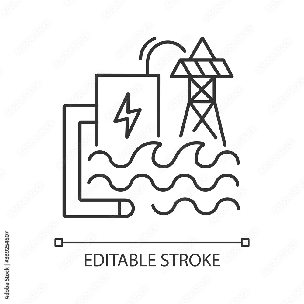 Wave energy linear icon. Eco safe power plant thin line customizable illustration. Contour symbol. Electricity generation. Hydroelectric station vector isolated outline drawing. Editable stroke