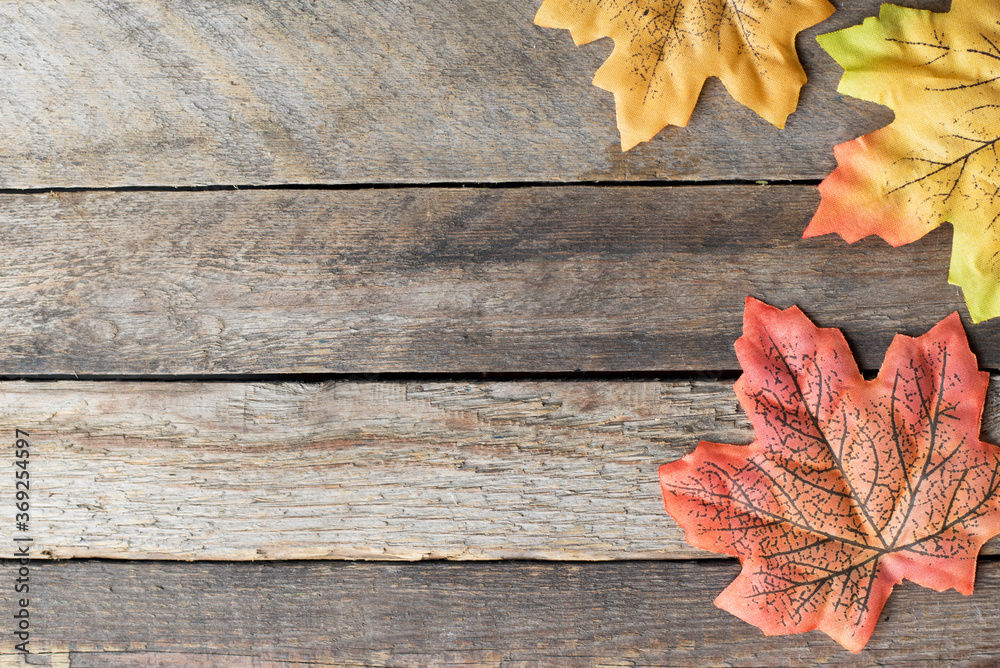 Autumn yellow Leaves on grey wood background with copy space Autumn yellow Leaves on grey wood background with copy space
