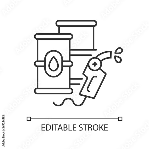 Petroleum linear icon. Petrochemical industry, energy market thin line customizable illustration. Contour symbol. Barrels with crude materials vector isolated outline drawing. Editable stroke