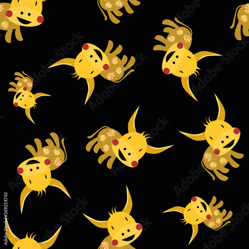 Vector Kawaii Chinese new year of the ox seamless pattern background. Scattered cute gold zodiac bull on black backdrop. Symbol of 2021 on the calendar. Hand drawn cartoon. Happy celebration concept.