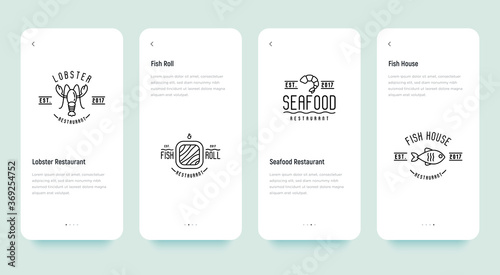Four different styles for logo of fish or sushi restaurant with such elements as lobster, fish and shrimp. Thin line vector illustration.
