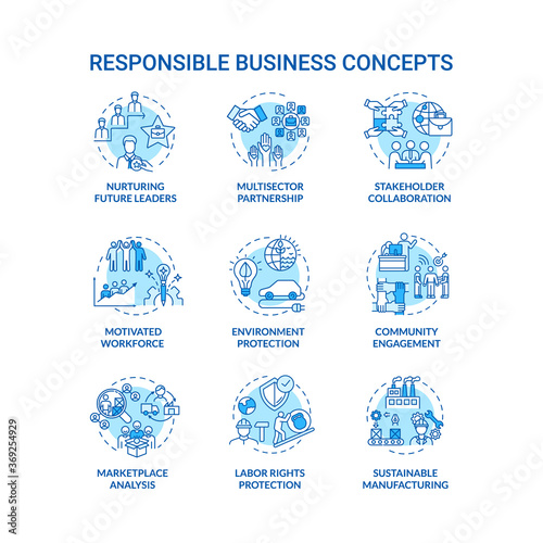 Responsible business turquoise concept icons set. Nurture future leader. Sustainable development idea thin line RGB color illustrations. Vector isolated outline drawings. Editable stroke