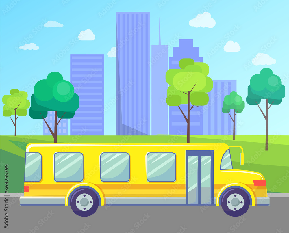Bus on road, city street and skyscrapers vector. Public transport, park and downtown, urban architecture and vehicle, cityscape and transportation