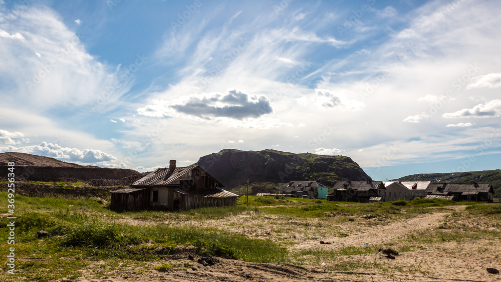 View of village Teriberka in the Barents sea coast. Kola peninsula, Murmansk Oblast, Russia
