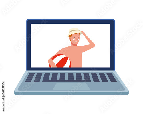 man wearing beach suit with beach balloon in laptop