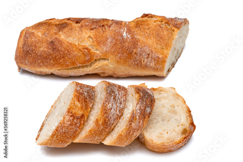 Sliced baguette bread path and white baguette piece isolated on white background