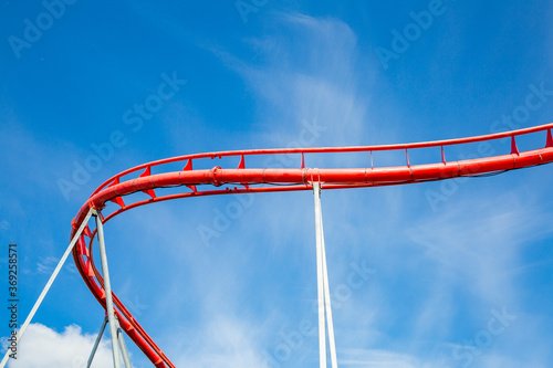 Roller coaster in an amusement park on a blue sky background on a sunny summer day