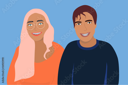 Couple smiling with dental braces on their teeth. Young man and woman with orthodontic metal retainers for bite correction. Oral daily life hygiene and care. Vector flat illustration for clinic
