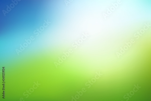 Abstract Natural blurred background. Green and blue gradient backdrop with sunlight. Ecology concept for your graphic design about environment, banner or poster. Vector illustration