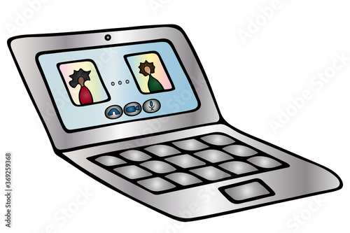 Online conference, training. Virtual communication. Colored vector illustration. Isolated white background. Cartoon style. Video call from relatives or colleagues. Laptop for study or work. 