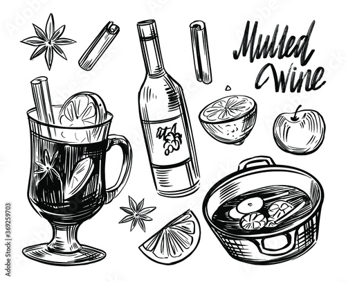 Mulled wine sketch illustration. Cocktail. Hand drawn vector outline with transparent background