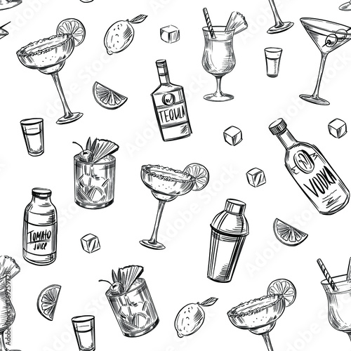 Seamless pattern. Alcohol cocktails. Background. Martini, mojito, pina colada, margarita. Vector outline. photo