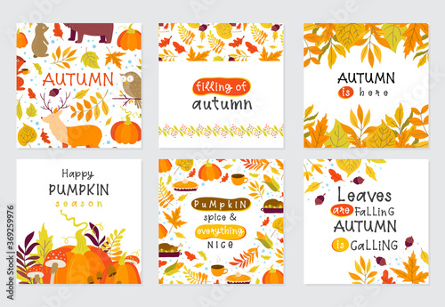 Set of Autumn cartoon characters, plants and leaves. Fall season