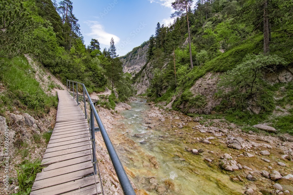 Ein Wanderweg entlang eines Flusses im Ötschergräben in den Österreichischen Alpen