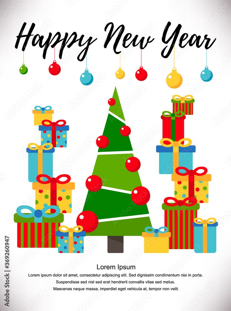 Happy New Year greeting card with cute xmas tree,balls and gifts.Raster version.Clipart.Flat Style