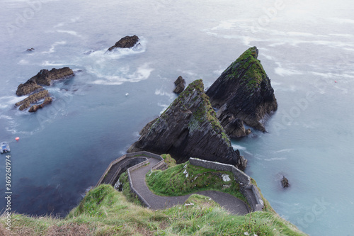 Dunquin Pier, Dingle Peninsula, Wild Atlantic Way, small port, winding path, cliffs, rocky island, rocks,  photo