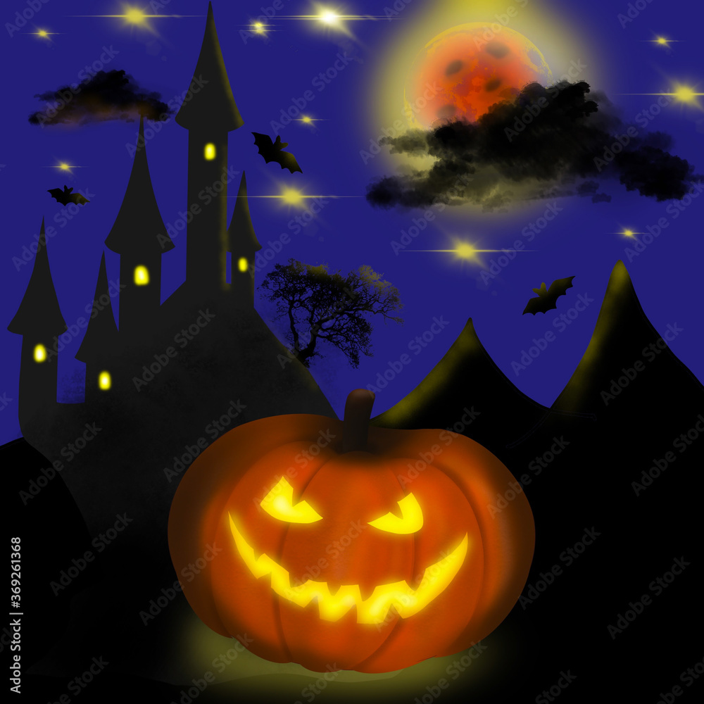 pumpkin on Halloween on the background of the castle pumpkin on Halloween on the background of the castle