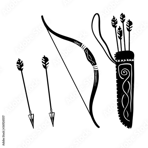 Vector silhouette Set of bow and quiver of arrows 