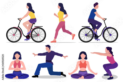 Set of vector illustrations of beautiful sports people isolated on a white background. Sports and healthy lifestyle. Fitness, running, cycling, yoga, squats