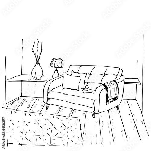 sofa isolated on a white background. Vector illustration in sketch style.