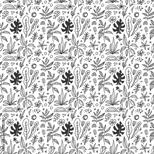 Hand drawn black and white artistic doodle seamless pattern with fluid organic shapes. Black isolated artistic graphic elements on white background. Natural backdrop. Vector eps10 cartoon illustration