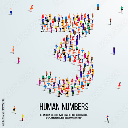 large group of people form to create number 3 or three. people font or number. vector illustration of number 3.