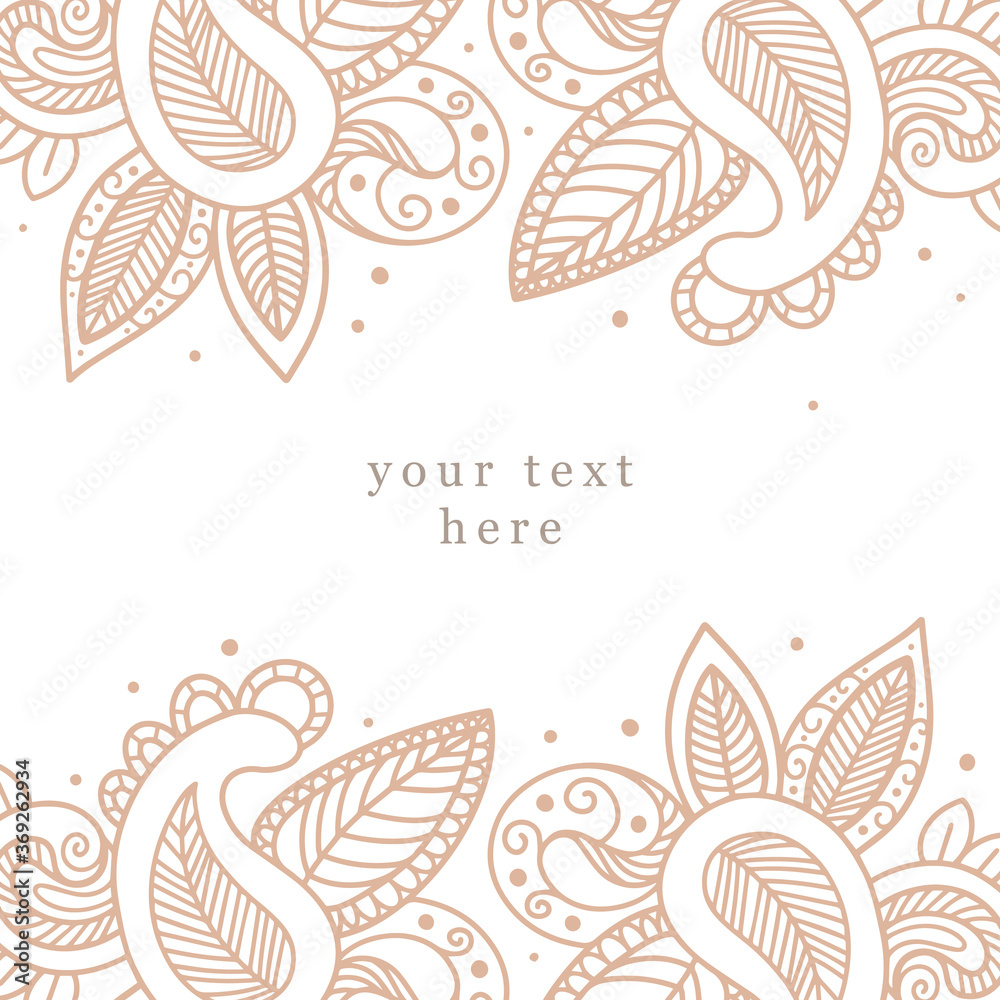 Vector illustration. Linear drawing, smooth lines. Paisley, leaves, curled, and dots. Square shape banner design, card. A place for text, frame from decorative elements in oriental style, ornament. Vector illustration. Linear drawing, smooth lines. Paisley, leaves, curled, and dots. Square shape banner design, card. A place for text, frame from decorative elements in oriental style, ornament.