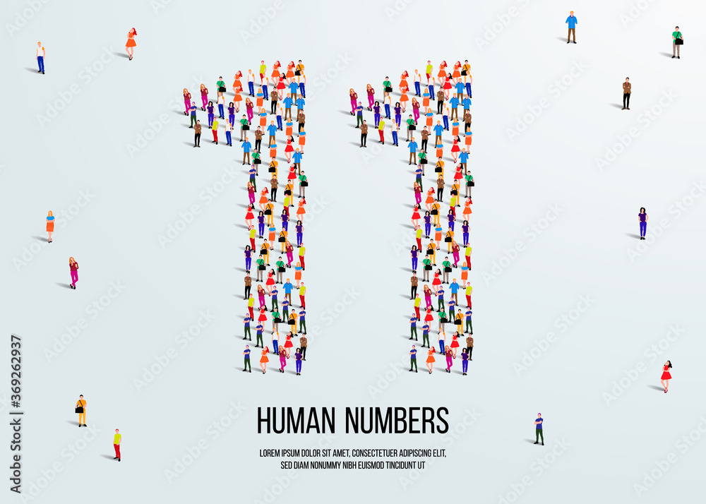 large group of people form to create number 11 or eleven. people font or number. vector illustration of number 11. large group of people form to create number 11 or eleven. people font or number. vector illustration of number 11.