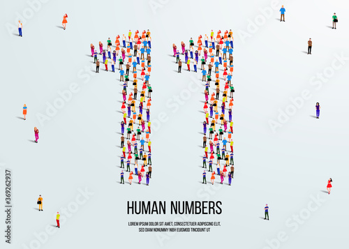 large group of people form to create number 11 or eleven. people font or number. vector illustration of number 11.