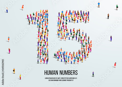 large group of people form to create number 15 or fifteen. people font or number. vector illustration of number 15.