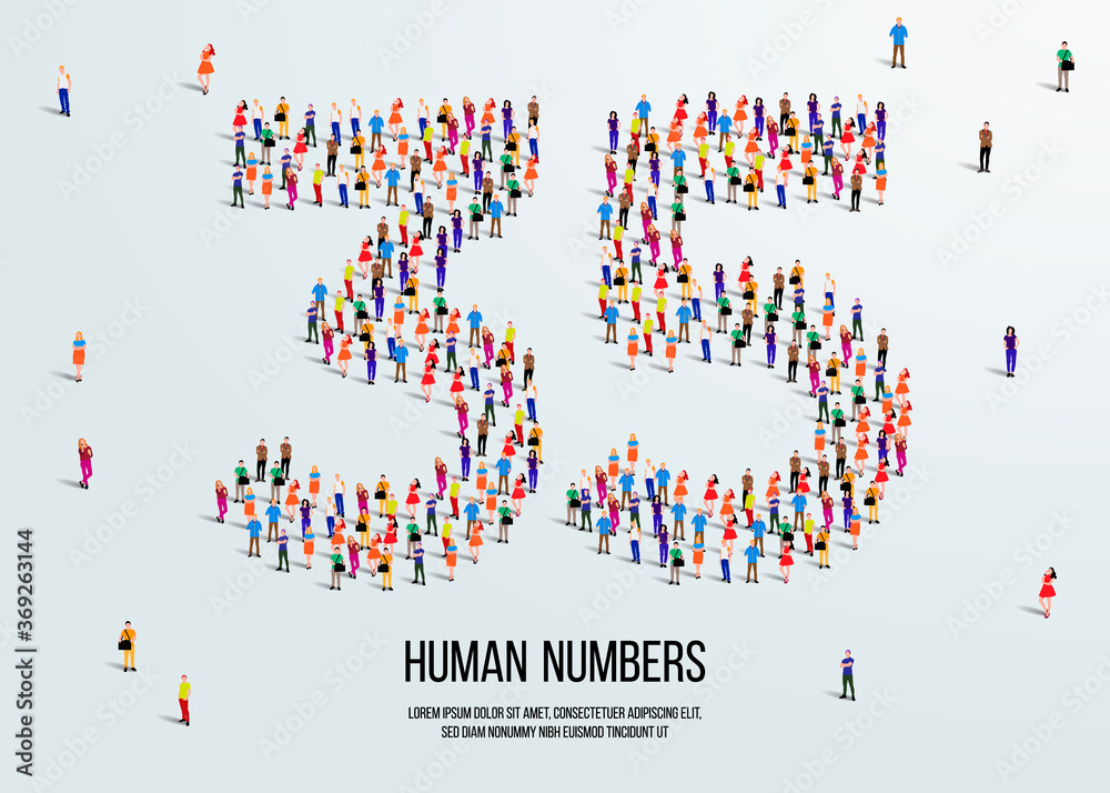 large group of people form to create number 35 or thirty five. people font or number. vector illustration of number 35. large group of people form to create number 35 or thirty five. people font or number. vector illustration of number 35.