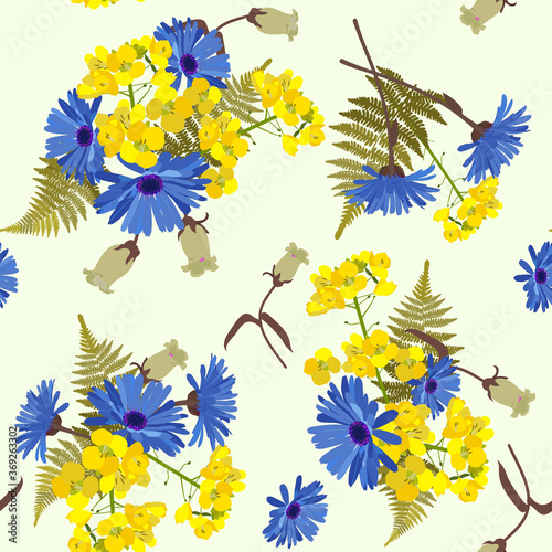 Vector seamless colorful illustration with campanula and gerbera on beige background.