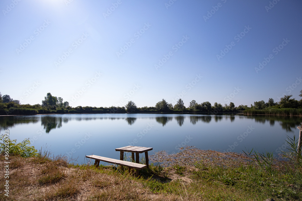 bench on the lake, the picture was taken in Serbia,  on Sljunkara near Sabac