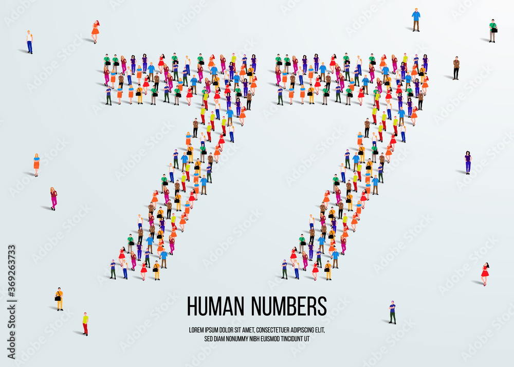 large group of people form to create number 77 or seventy seven. people font or number. vector illustration of number 77.