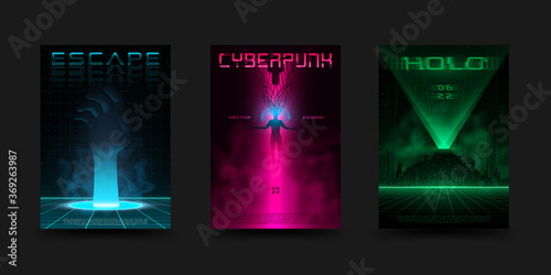 Cyberpunk poster set. Futuristic retrowave vivid layouts for electronic music events. Virtual reality concept. Design for flyer, cover. Vector.