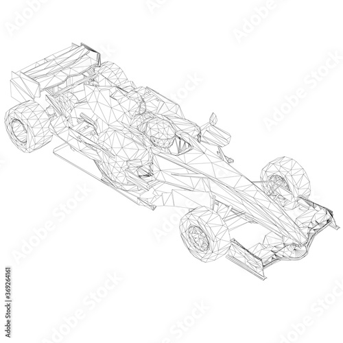 Wireframe racing car from black lines on a white background. Isometric view. 3D. Vector illustration