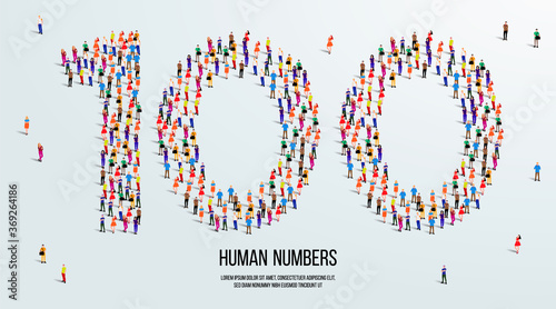 large group of people form to create number 100 or one hundred. people font or number. vector illustration of number 100.