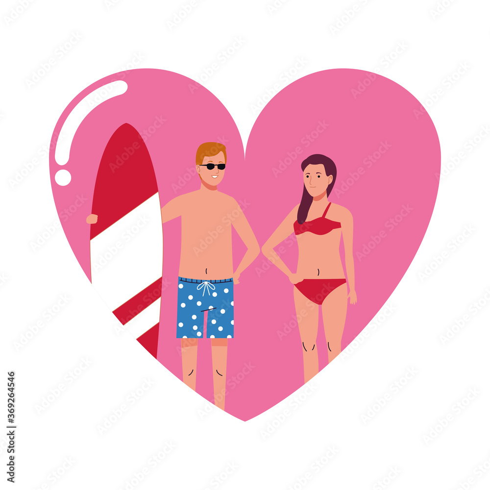 Fototapeta premium young couple wearing beach suits with surfboard in heart