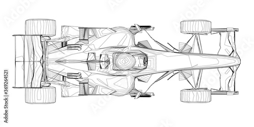 Wireframe racing car from black lines on a white background. View from above. 3D. Vector illustration photo