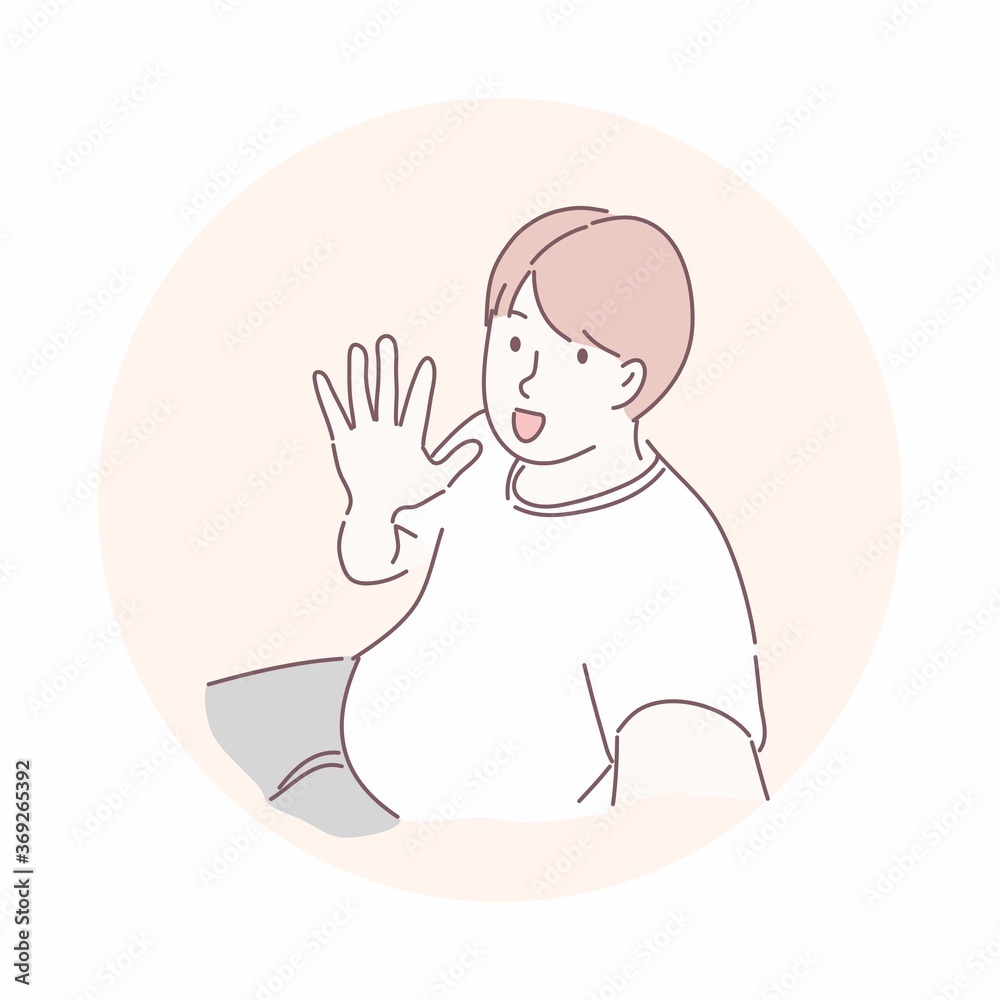 Happy man doing selfie and showing hand. Greeting, Happy man doing selfie and showing hand. Greeting,
