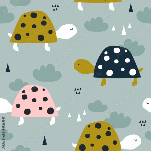 Turtles, hand drawn backdrop. Colorful seamless pattern with animals. Decorative cute wallpaper, good for printing. Overlapping background vector. Design illustration, reptiles