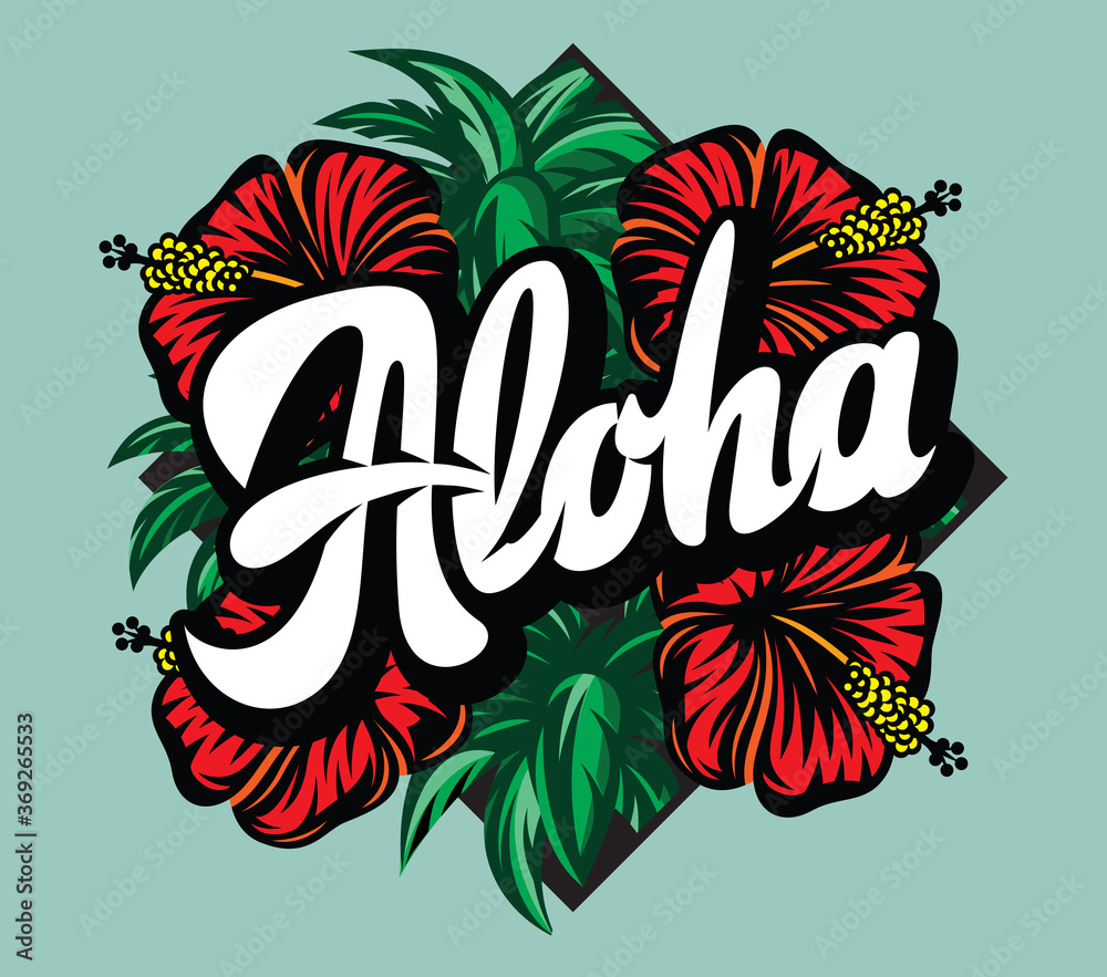Vector color illustration with Aloha lettering, palm leaves and hibiscus - obrazy, fototapety, plakaty 