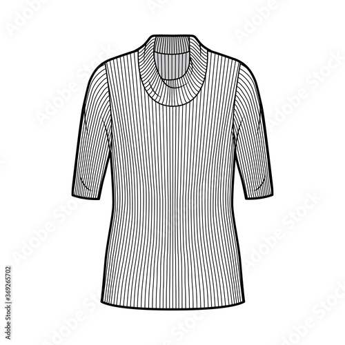 Ribbed cowl turtleneck knit sweater technical fashion illustration with elbow sleeves, oversized body, tunic length. Flat sweater apparel template front, white color. Women, men unisex shirt top