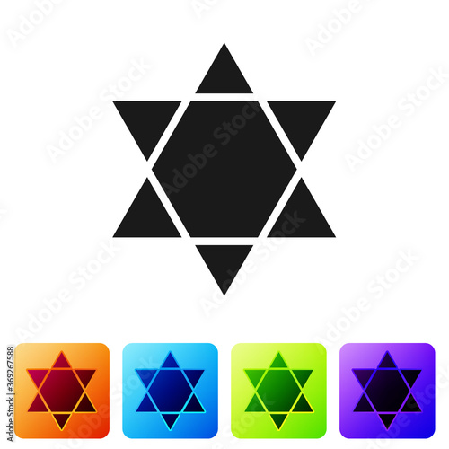 Black Star of David icon isolated on white background. Jewish religion symbol. Symbol of Israel. Set icons in color square buttons. Vector Illustration.