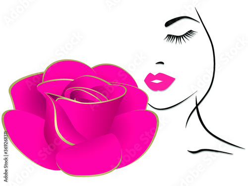 Silhouette of a girl with a rose flower on a white background.