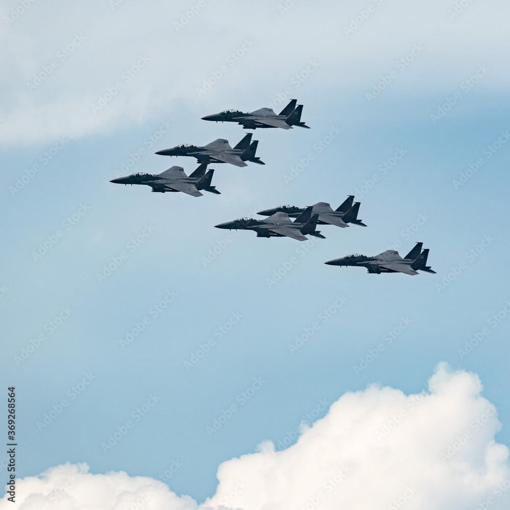 RSAF F-15SG fighter jets formation flyby for National Day Parade at Singapore. RSAF F-15SG fighter jets formation flyby for National Day Parade at Singapore.