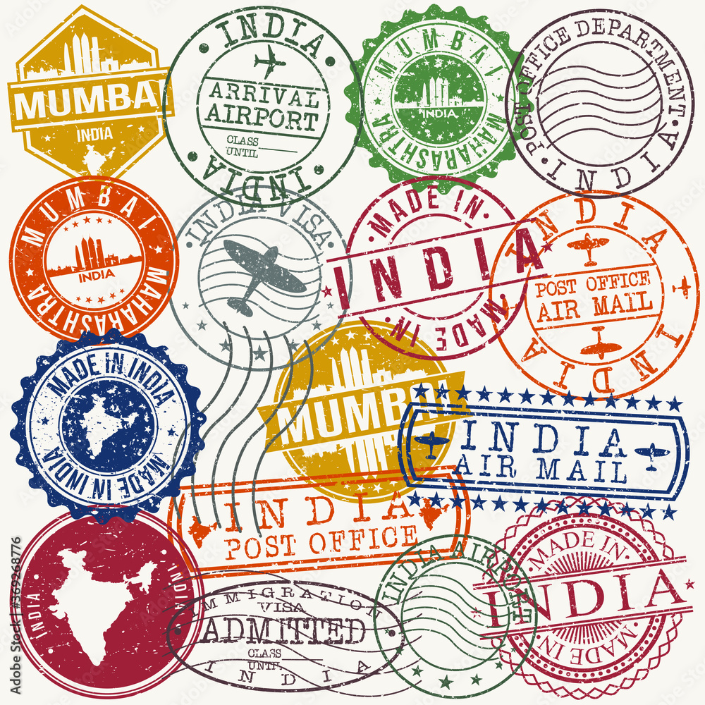 Mumbai India Stamp Vector Art Postal Passport Travel Design Set Badge.