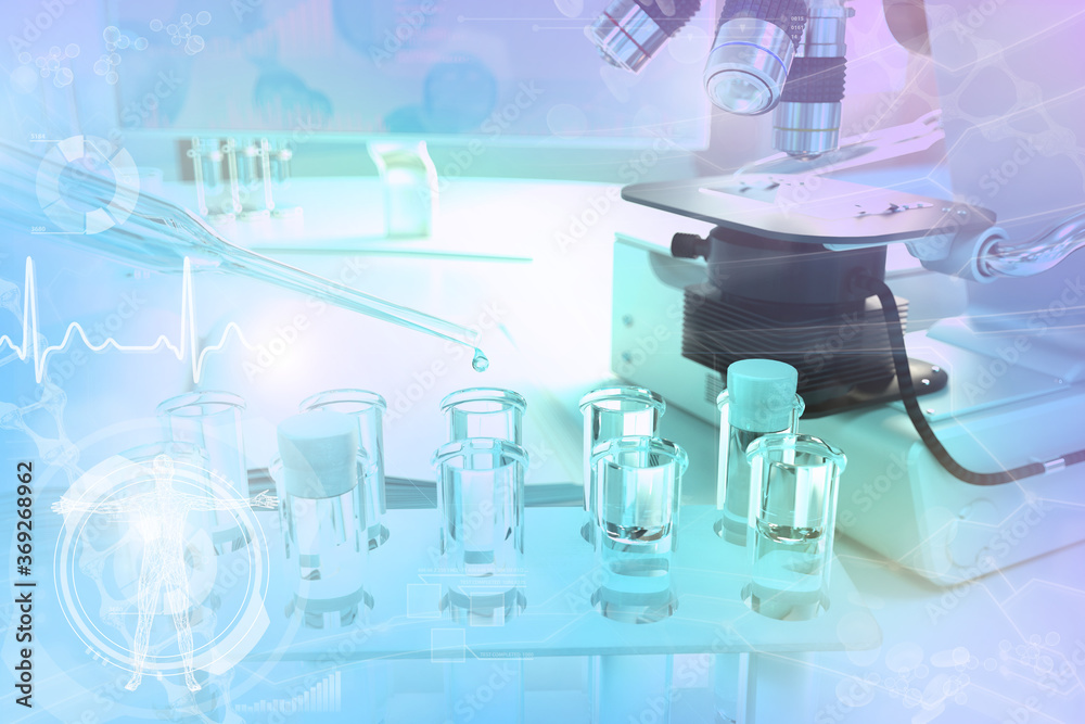 bio university background or texture, conceptual medical 3D illustration - test-tubes and microscope in facility bio university background or texture, conceptual medical 3D illustration - test-tubes and microscope in facility